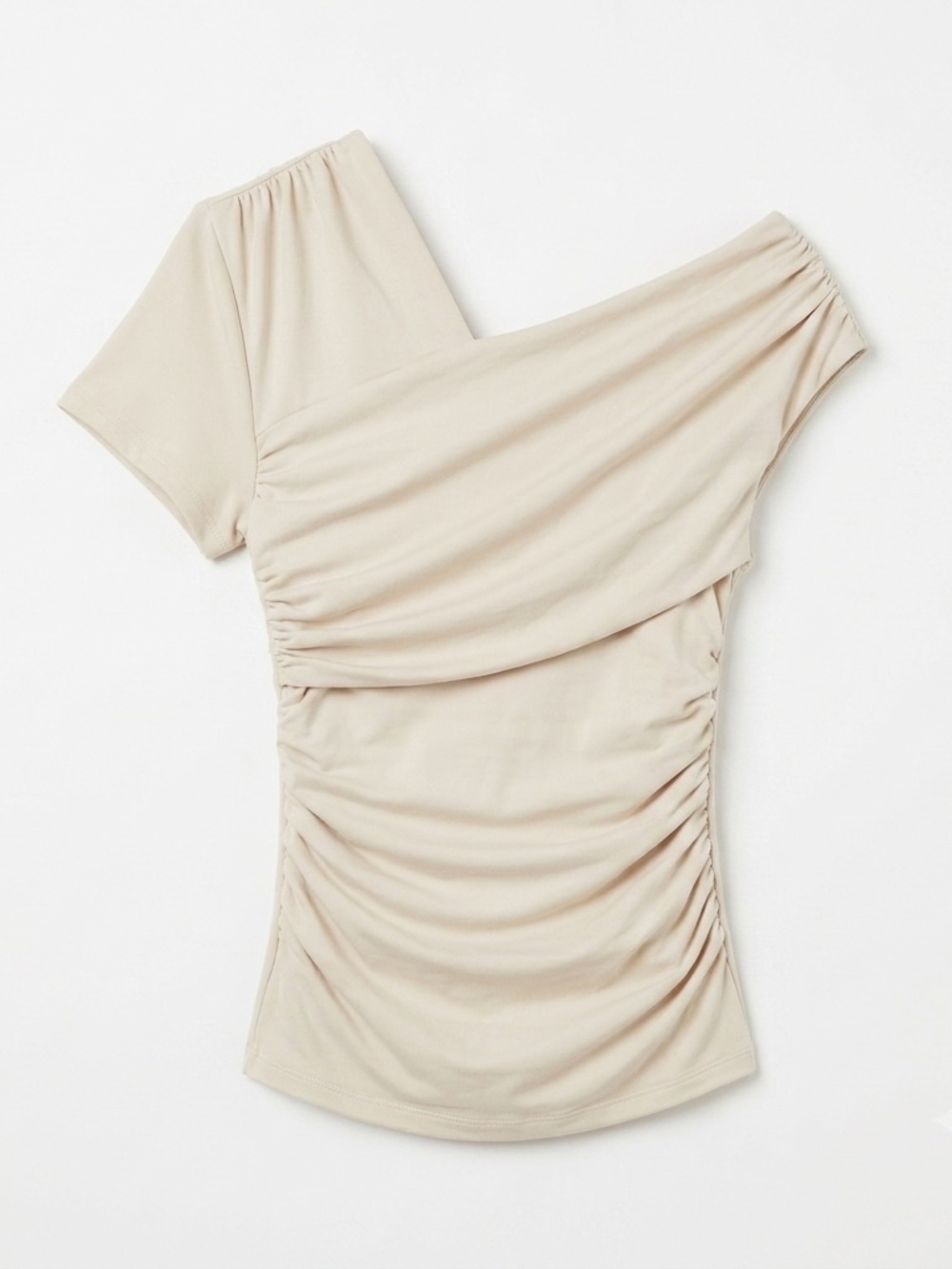 Susana Monaco One Shoulder Ruched Top Short Sleeve Beige Asymmetric Stretch M